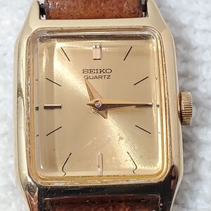 Vintage Seiko Women's Tank Quartz Watch Gold Plated Brown Strap Stainless Steel